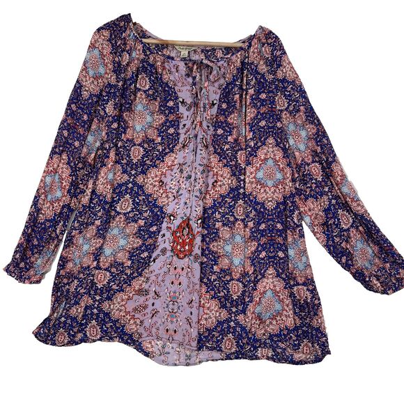 Lucky Brand Peasant Top Womens 1X Purple Floral Boho Flowy Relaxed Casual Comfy - Picture 1 of 9